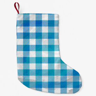 Petite Chaussette De Noël à damiers Buffalo Plaid bleu et blanc