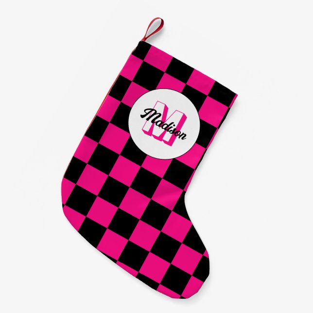 Petite Chaussette De Noël à damiers carré chaud rose noir rétro Monogramme (Devant (Accrochage))