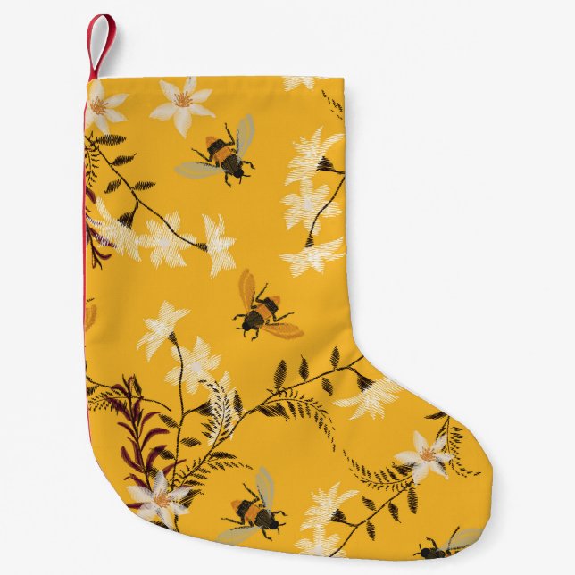 Petite Chaussette De Noël Abeille vintage et papillon : Brodé Art Floral (Devant)