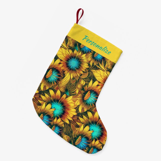 Petite Chaussette De Noël Abstract Gold Teal Sunflowers Floral Holiday  (Devant (Accrochage))