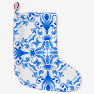 Petite Chaussette De Noël Abstrait bleu et blanc dessiné à la main sans cout