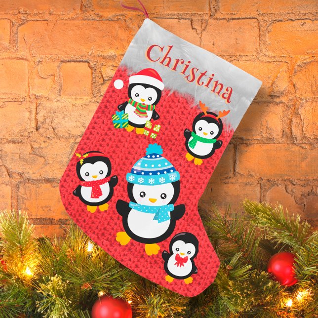 Petite Chaussette De Noël Adorable mignon pingouin Joyeux Noël nom personnal (Créateur téléchargé)