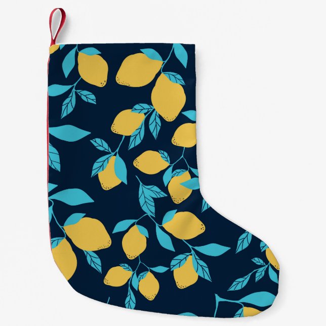 Petite Chaussette De Noël Agrumes simples : citrons sur le bleu. (Devant)