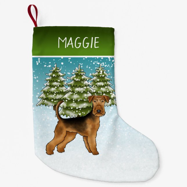 Petite Chaussette De Noël Airedale Terrier Chien Snowy Winter Forest Et Nom (Devant)