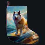 Petite Chaussette De Noël Alaskan Malamute Beach Surf Peinture<br><div class="desc">Plongez dans le monde ludique de l'aventure canine avec cette peinture captivante. Un chien en ébullition se rend aux vagues, chevauchant habilement le surf sur une plage baisée par le soleil. L'oeuvre d'art vibrante capte magnifiquement l'essence de l'excitation au bord de la plage tandis que le chien court sans crainte...</div>