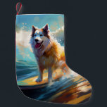 Petite Chaussette De Noël Alaskan Malamute Beach Surf Peinture<br><div class="desc">Plongez dans le monde ludique de l'aventure canine avec cette peinture captivante. Un chien en ébullition se rend aux vagues, chevauchant habilement le surf sur une plage baisée par le soleil. L'oeuvre d'art vibrante capte magnifiquement l'essence de l'excitation au bord de la plage tandis que le chien court sans crainte...</div>