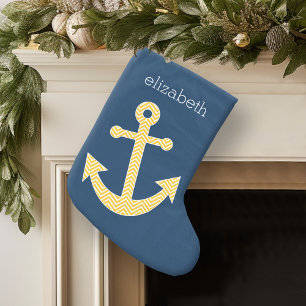 Petite Chaussette De Noël Ancre nautique avec Motif de Navy Jaune Chevron