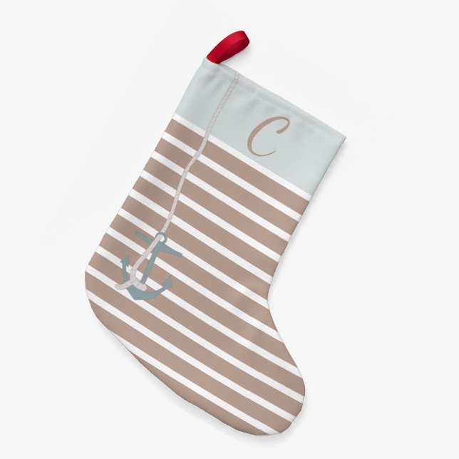 Petite Chaussette De Noël Ancre nautique Tan and Grey Blue Personnalisé (Devant (Accrochage))