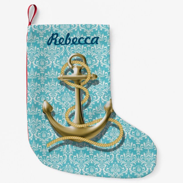 Petite Chaussette De Noël ancre pour la plage nautique d'or de damassé de (Devant)