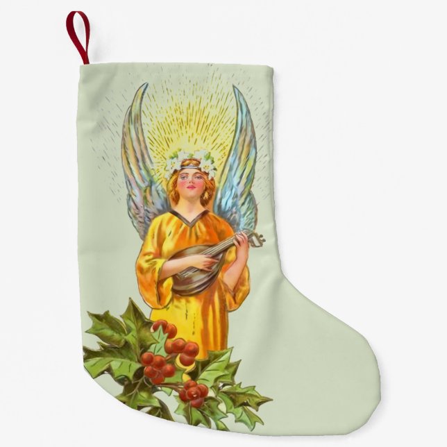 Petite Chaussette De Noël Ange avec houx et mandoline  (Devant)