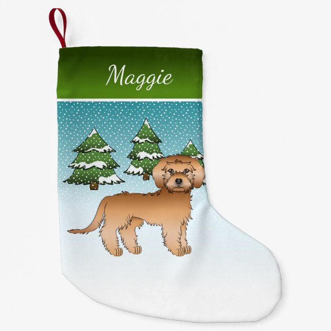 Petite Chaussette De Noël Apricot Mini Goldendoodle - Forêt d'hiver et nom (Devant)