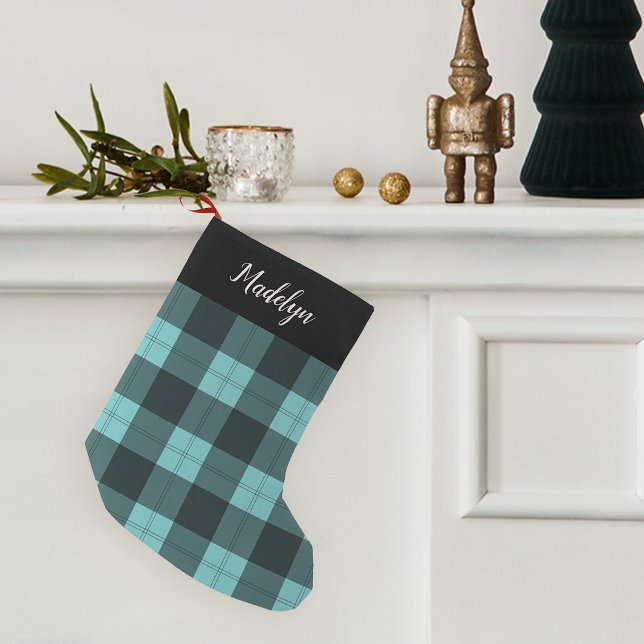 Petite Chaussette De Noël Aqua & Black Buffalo Plaid Personnalisé (Créateur téléchargé)