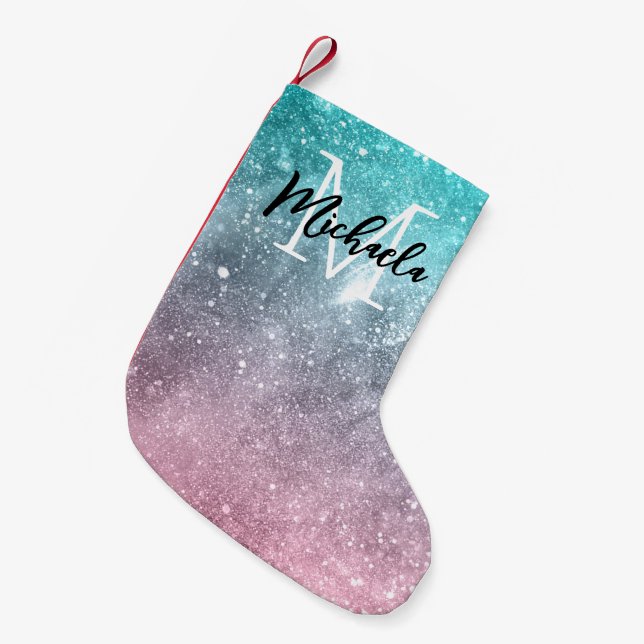 Petite Chaussette De Noël Aqua blue Pink ombre mer galaxie abstraite Monogra (Devant (Accrochage))