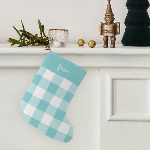 Petite Chaussette De Noël Aqua & White Buffalo Plaid Personnalisé