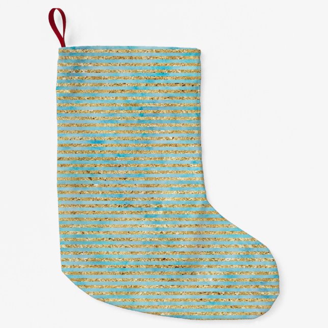 Petite Chaussette De Noël Aquarelle Aqua Gold (Devant)