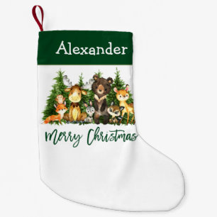 Petite Chaussette De Noël Aquarelle Bois Animaux Brosse Script