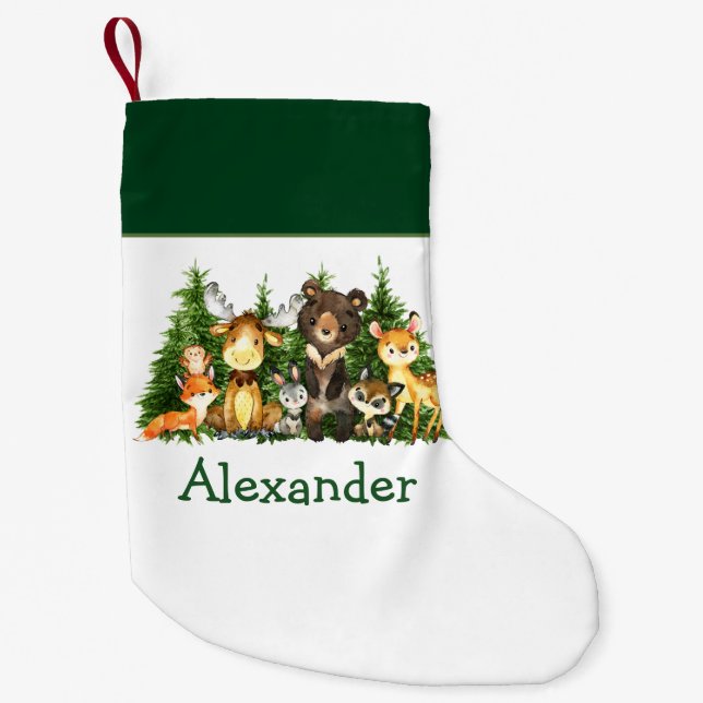 Petite Chaussette De Noël Aquarelle Bois Animaux Forêts Arbres (Devant)