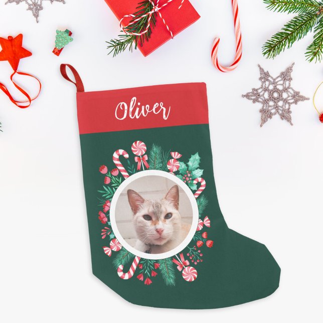 Petite Chaussette De Noël Aquarelle de chat ou de chien d'animal de compagni (Pet Cat or Dog Watercolor Wreath and Photo Small Christmas Stocking)