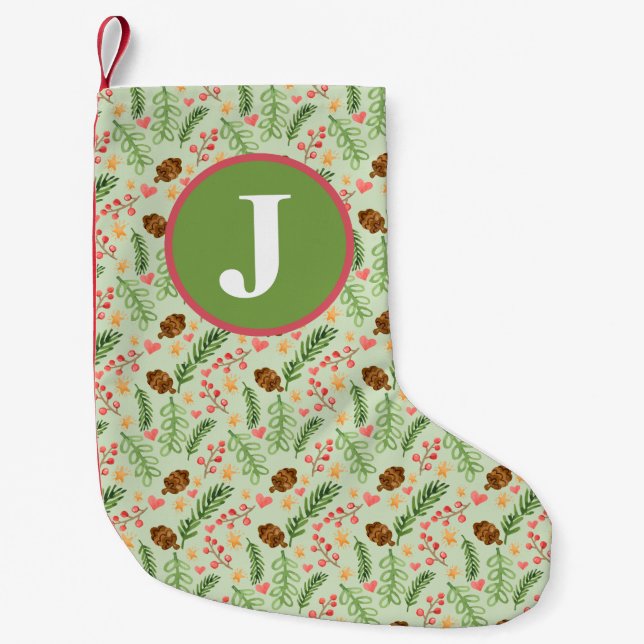 Petite Chaussette De Noël Aquarelle de verdure d'hiver (Devant)