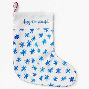 Petite Chaussette De Noël Aquarelle étoiles avec nom - bleu