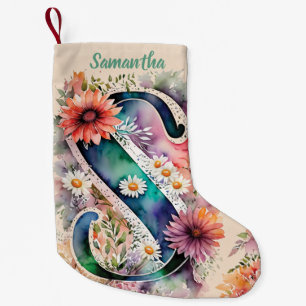 Petite Chaussette De Noël Aquarelle Monogramme personnalisé Rose floral