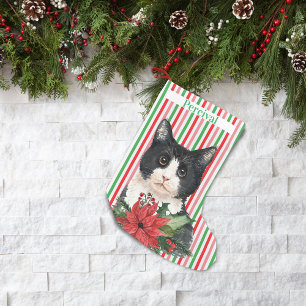 Petite Chaussette De Noël Aquarelle Noir et Blanc Chat et Poinsettia