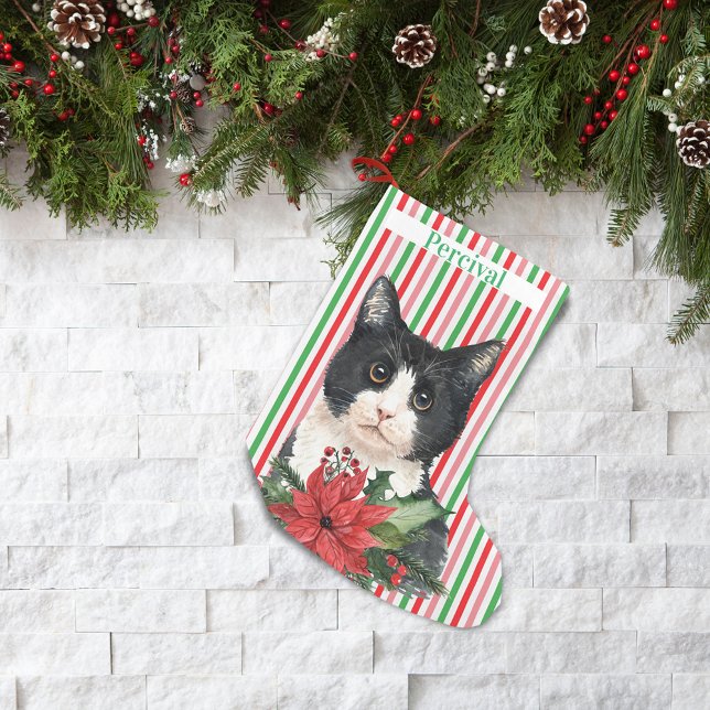 Petite Chaussette De Noël Aquarelle Noir et Blanc Chat et Poinsettia (Créateur téléchargé)