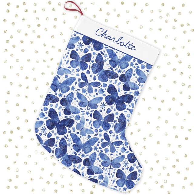 Petite Chaussette De Noël Aquarelle papillon bleu (Personalized script name pretty blue and white watercolor Christmas stocking)