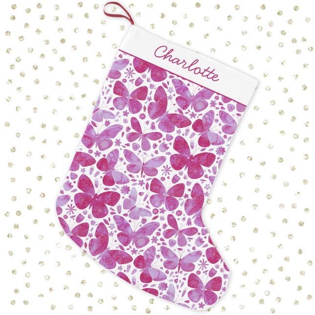 Petite Chaussette De Noël Aquarelle papillon rose (Personalized script name pretty hot pink and white watercolor Christmas stocking)