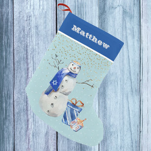 Petite Chaussette De Noël Aquarelle personnalisée Hanoukka Blue Snowman