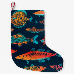 Petite Chaussette De Noël Aquarelle Poissons : Bleu Profond Sans Mer