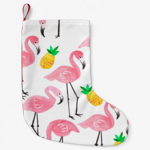 Petite Chaussette De Noël Aquarelle rose flamant rose et ananas jaune