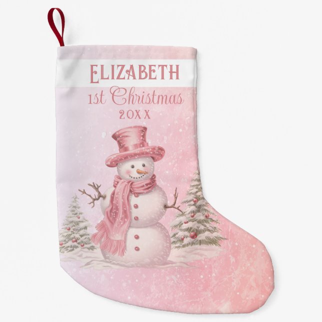 Petite Chaussette De Noël Aquarelle Showman Baby's 1st Christmas Pink (Devant)