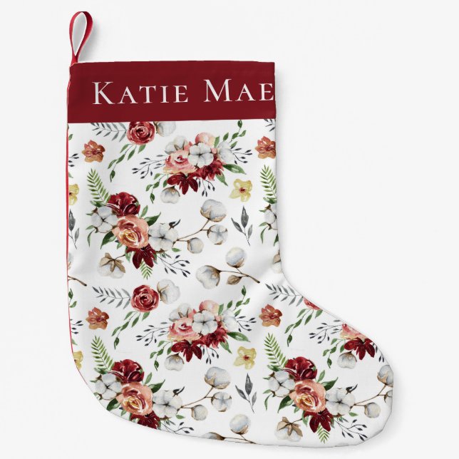 Petite Chaussette De Noël Aquarelle Sud Floral & Coton Nom personnalisé (Devant)