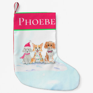 Petite Chaussette De Noël Aquarelle Trois Chiots Mignons Prêts Pour Noël