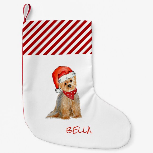 Petite Chaussette De Noël Aquarelle Yorkie dans un chapeau de Père Noël (Devant)