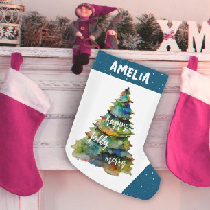 Petite Chaussette De Noël Arbre de Noël Aquarelle Joyeux Jolly Bleu Joyeux