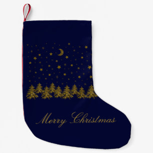 Petite Chaussette De Noël Arbre de Noël en or brillant, lune, étoiles sur bl
