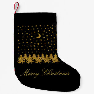 Petite Chaussette De Noël Arbre de Noël en or brillant, lune, étoiles sur no