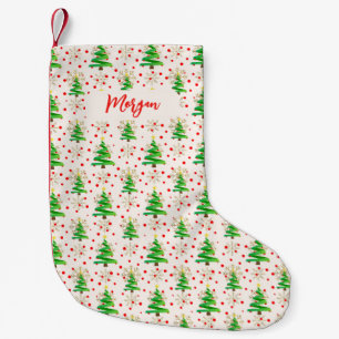 Petite Chaussette De Noël Arbres de Noël et flocons de neige dorés, nom en s