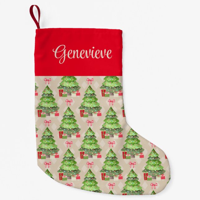 Petite Chaussette De Noël Arbres de Noël lunaires, vaches rouges et présents (Devant)