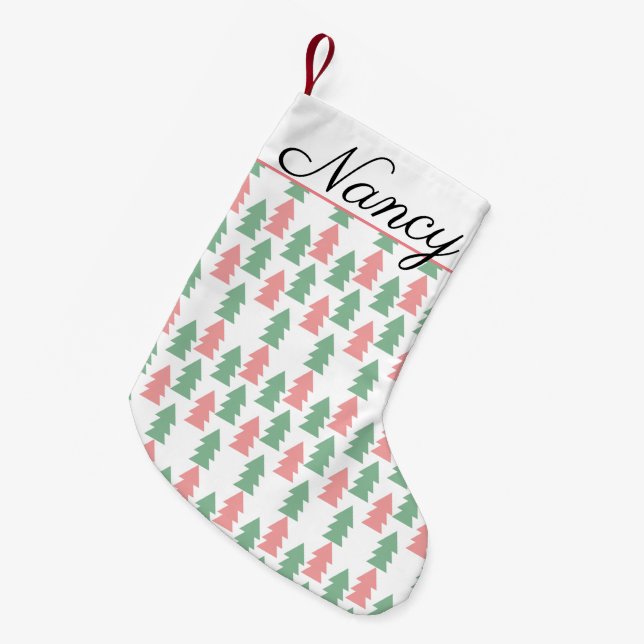 Petite Chaussette De Noël Arbres de Noël verts roses modernes (Devant (Accrochage))
