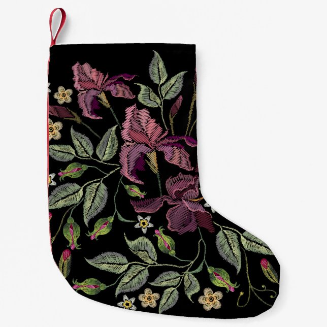 Petite Chaussette De Noël Arrière - plan noir Irises pourpres brodé. (Devant)