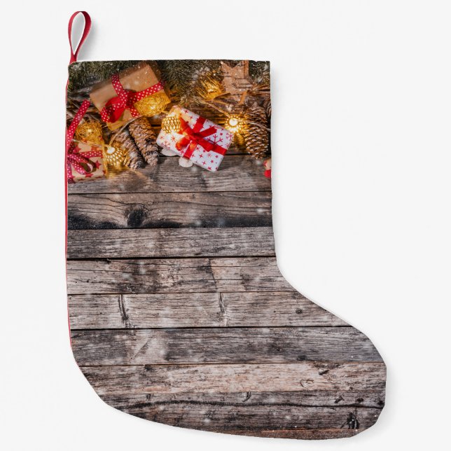 Petite Chaussette De Noël Arrière - plan rustique de Noël, planches en bois. (Devant)