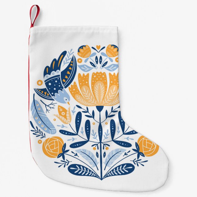Petite Chaussette De Noël Art populaire scandinave ornement floral (Devant)