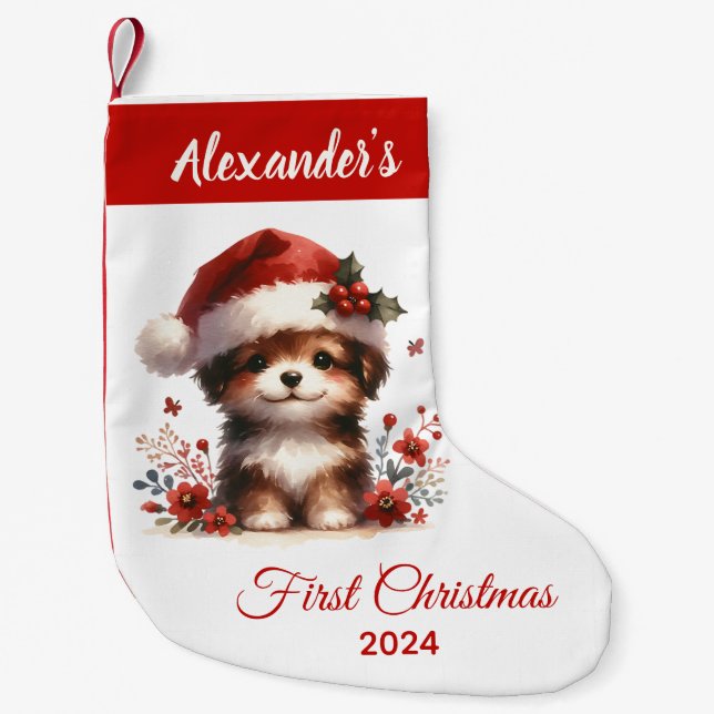 Petite Chaussette De Noël Baby first Noël mignon Chien personnalisé (Devant)