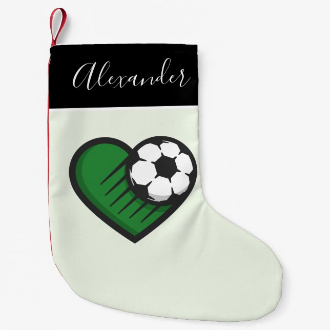 Petite Chaussette De Noël Bal de soccer vert Coeur et garçons Nom Joueur Coa (Devant)