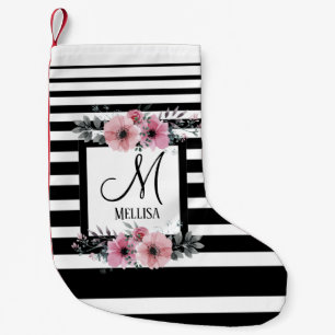 Petite Chaussette De Noël Bandes noires et blanches Monogramme floral rose