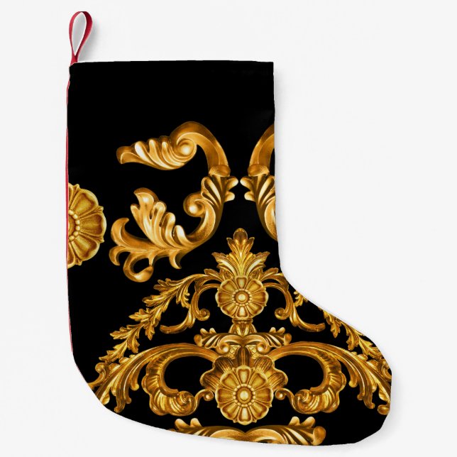 Petite Chaussette De Noël Baroque d'or, éléments ornementaux. (Devant)