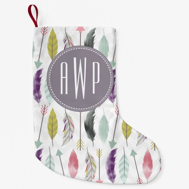 Petite Chaussette De Noël Bas de Noël de monogramme de plumes (Devant)